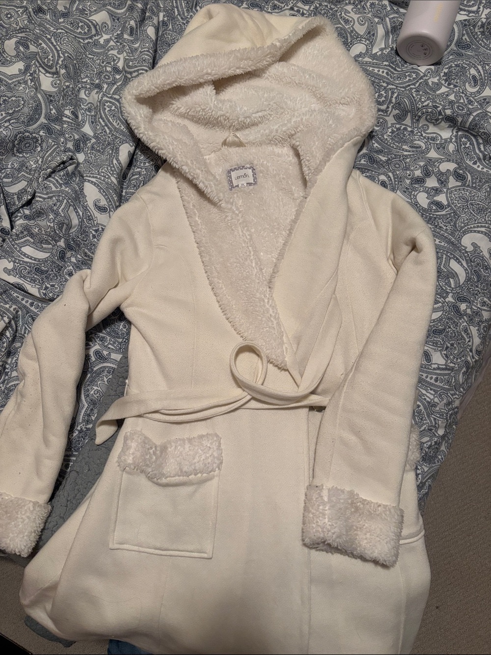 Lemon Cream Hooded Sherpa-Lined Wrap Coat